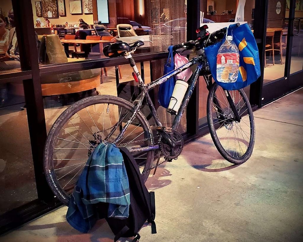 Bicycle, with supplies strapped to it